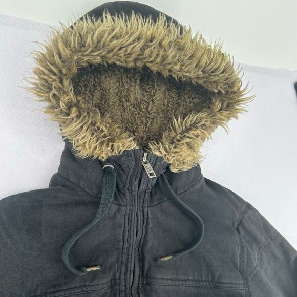 Vintage y2k Men's Black American Eagle Military Faux Fur Hoodie Sweatshirt Sz S - Picture 2 of 12